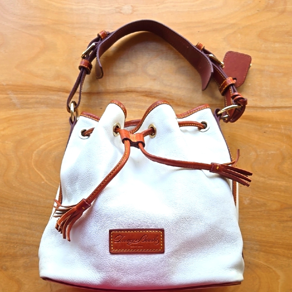 Dooney & Bourke White and Tan Leather Drawstring Bucket Bag